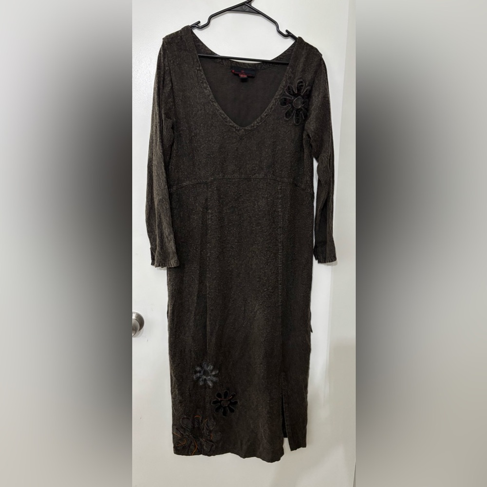 Sacred Threads Gray Boho Embroidered Maxi Dress Medium/Large Lagenlook Artsy